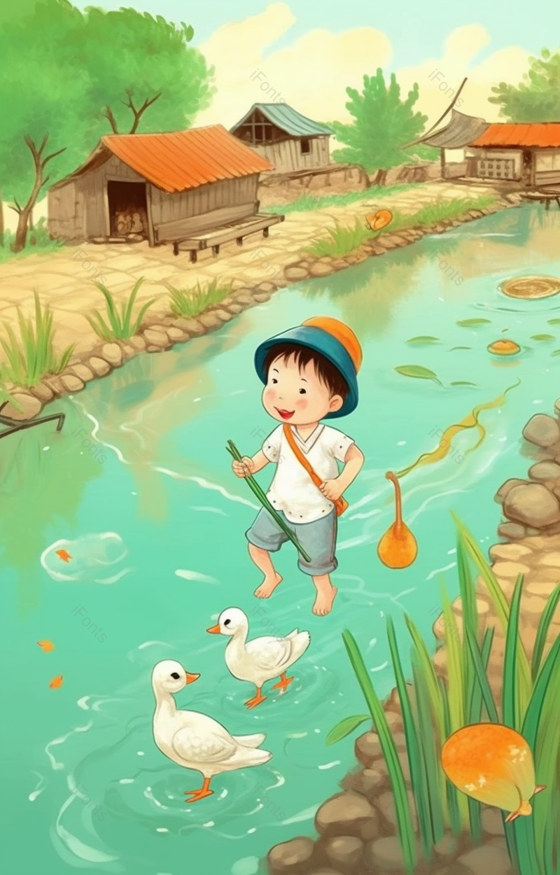 奔跑赶鸭子小孩插画背景,插画/手绘图,插画/手绘图库,插画/手绘图下载,插画/手绘